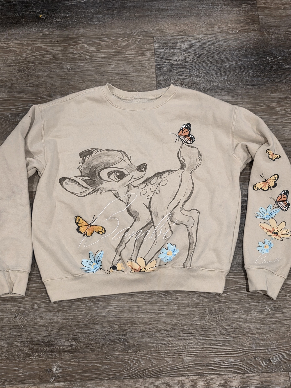 Disney Bambi Butterfly Graphic Crewneck Sweatshirt Women's M Beige